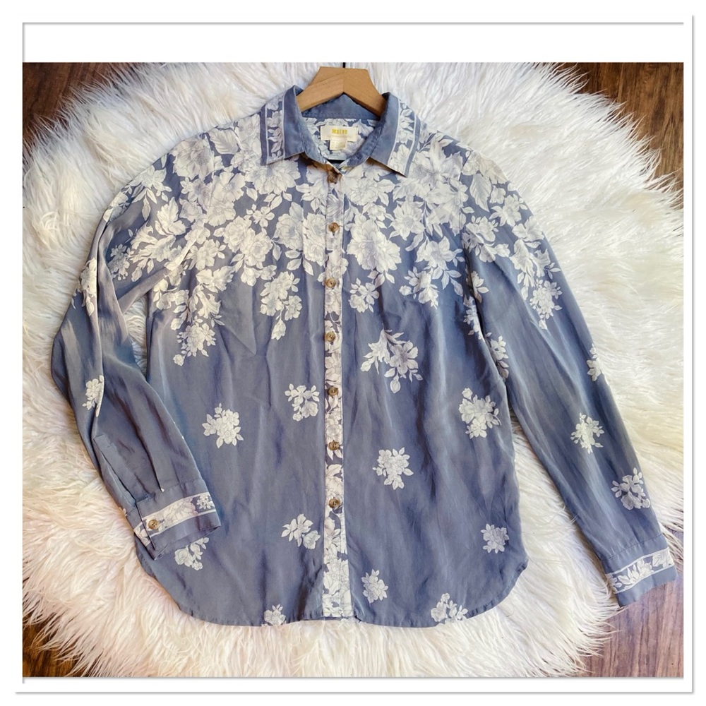 Anthropologie Maeve Rosalee Silk Button Up Front Shirt Floral Blue White Size 4